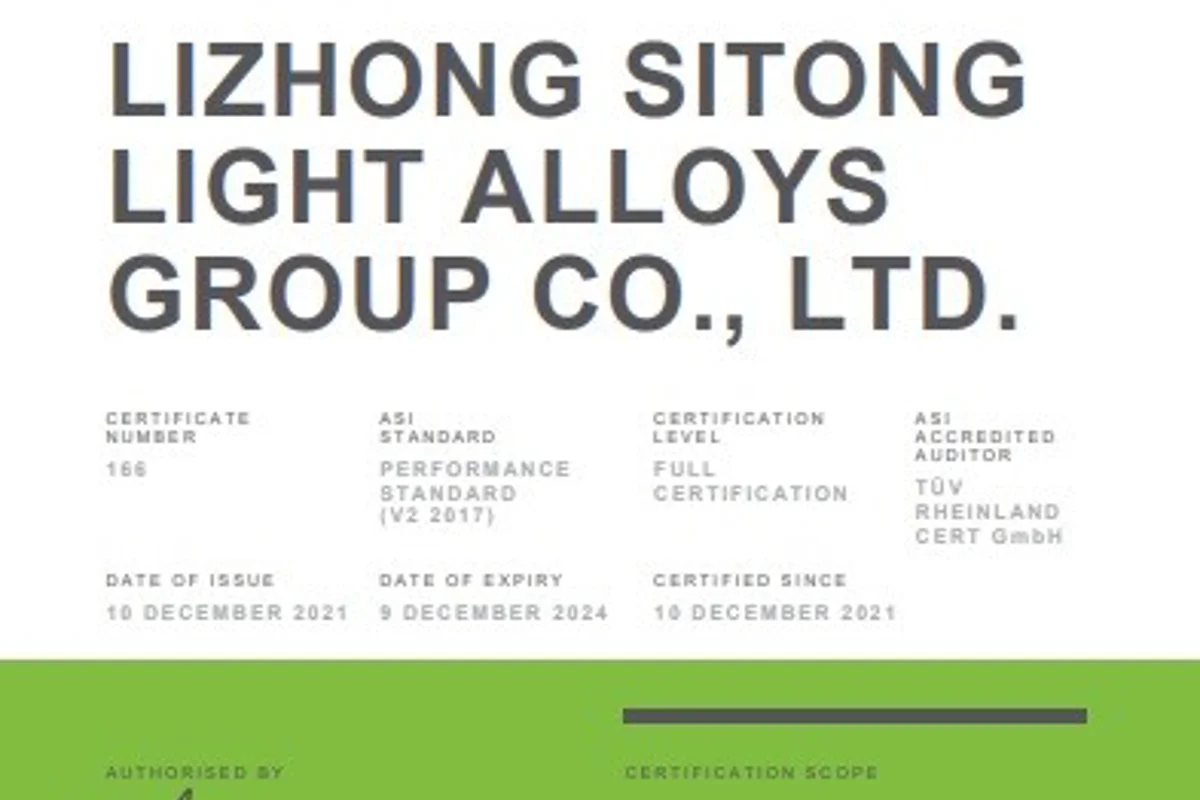ASI certifies Lizhong Sitong Light Alloys Group against Performance Standard Certification