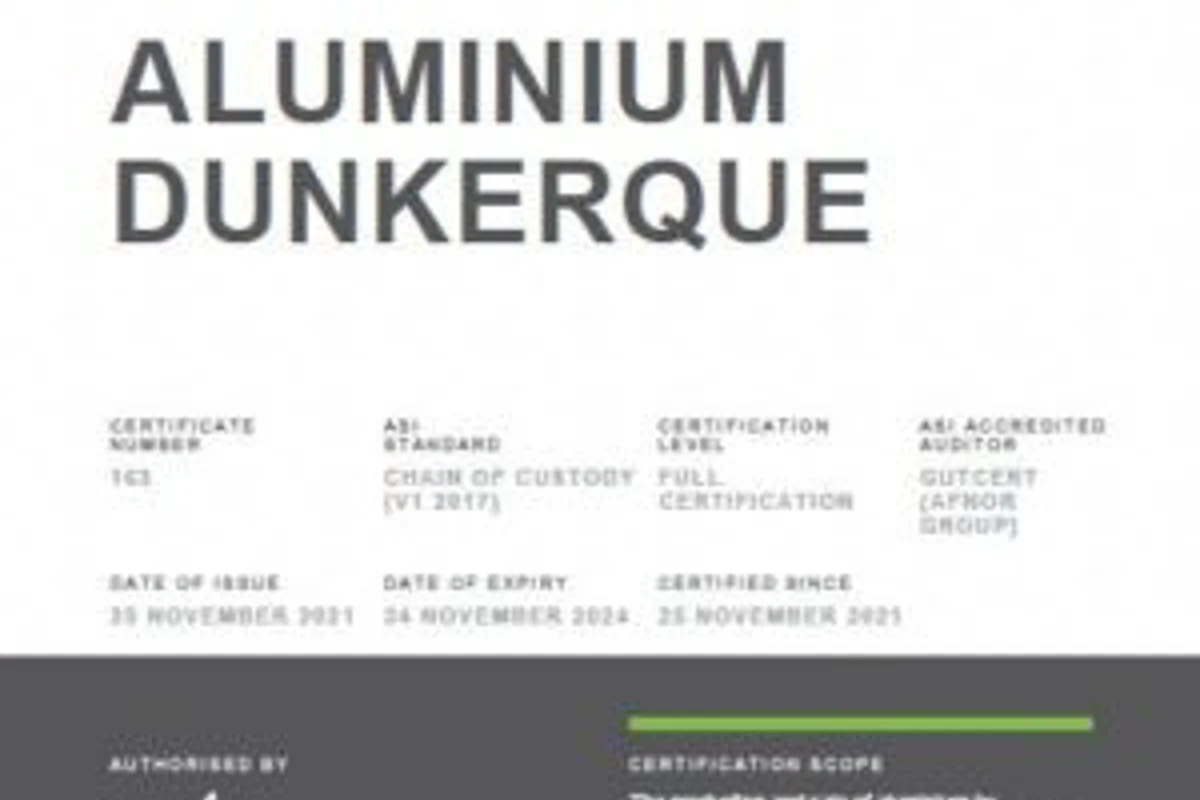 Alvance Aluminium Dunkerque now owns dual ASI certification by achieving Chain of Custody Standard