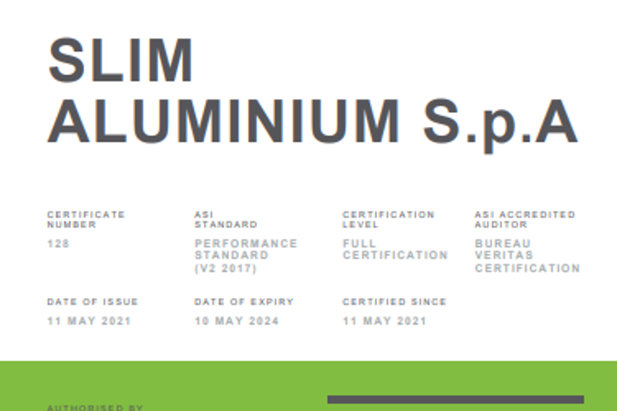 Slim Aluminium S.p.A. plant certified against ASI Performance Standard