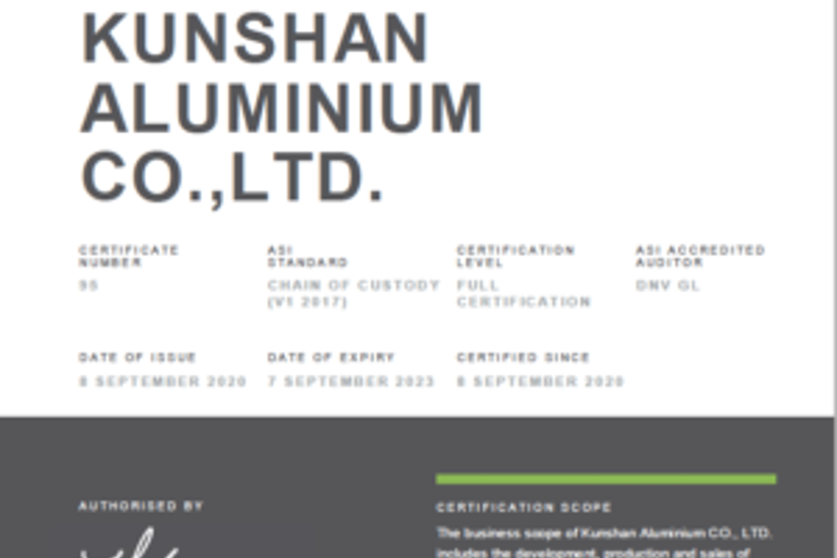 ASI certifies Kunshan Aluminium Co., Ltd. against Custody Standard Certification