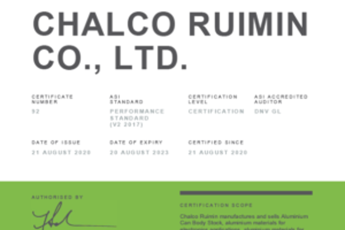 Chalco Ruimin Co., Ltd. achieves ASI Performance Standard certification for responsible aluminium production and sourcing