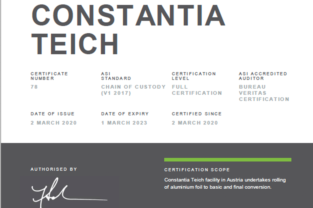 Constantia Flexibles’ Constantia Teich plant receives ASI CoC Standard Certification