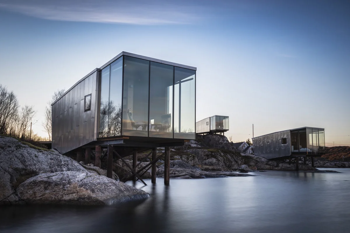 Aluminum-clad cabins on Arctic island resort offer protection against extreme weather and salty water