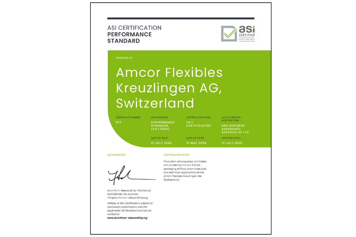 ASI certifies Amcor Flexibles Kreuzlingen AG, Switzerland against Performance Standard V3.1 (Transitional – Principles 1-4)