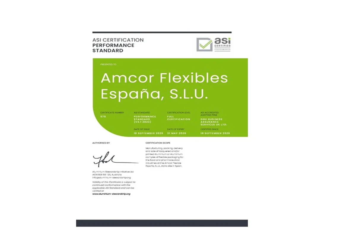 ASI certifies Amcor Flexibles España, S.L.U against Performance Standard V3.1