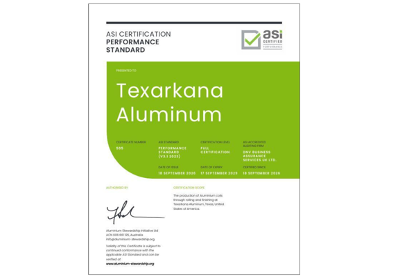 ASI certifies Member Against Performance Standard V3.1